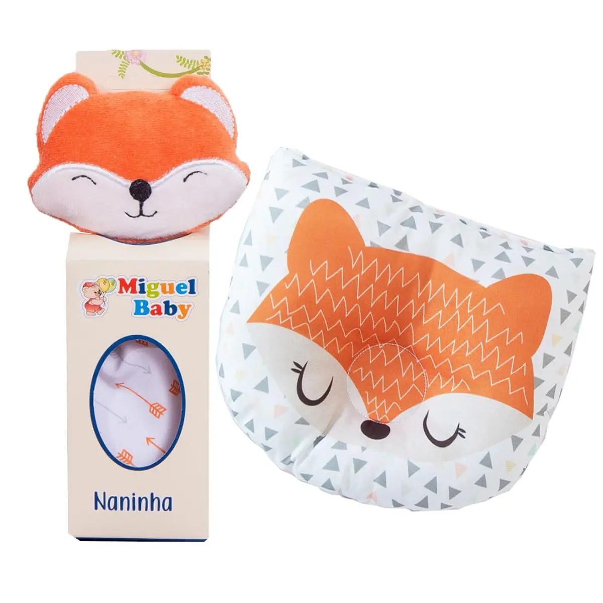 Kit Naninha e Travesseiro Anatômico, Safari Animais 28x28cm, Travesseiro 25x22cm (RAPOSA LARANJA) - 1