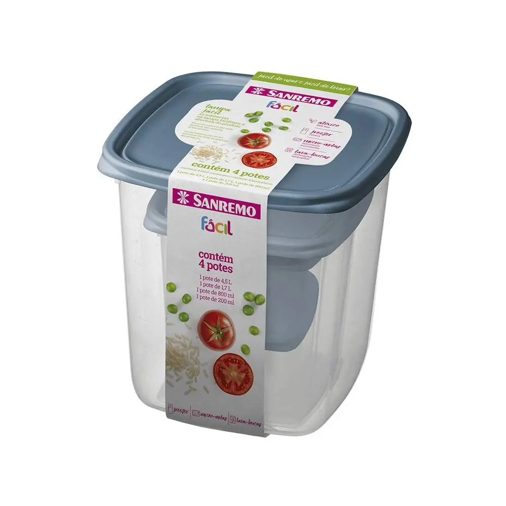 Sanremo - Kit Fácil com 4 Potes Plásticos Retangulares de Tamanhos Variados, Linha Fácil