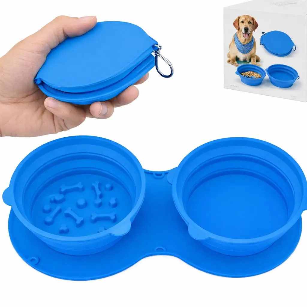 Comedouro e Bebedouro Portátil para Cães e Gatos, Tigela Dupla Dobrável de Silicone para Pets com Gancho de Alumínio – 36x18x5,5 cm (AZUL)