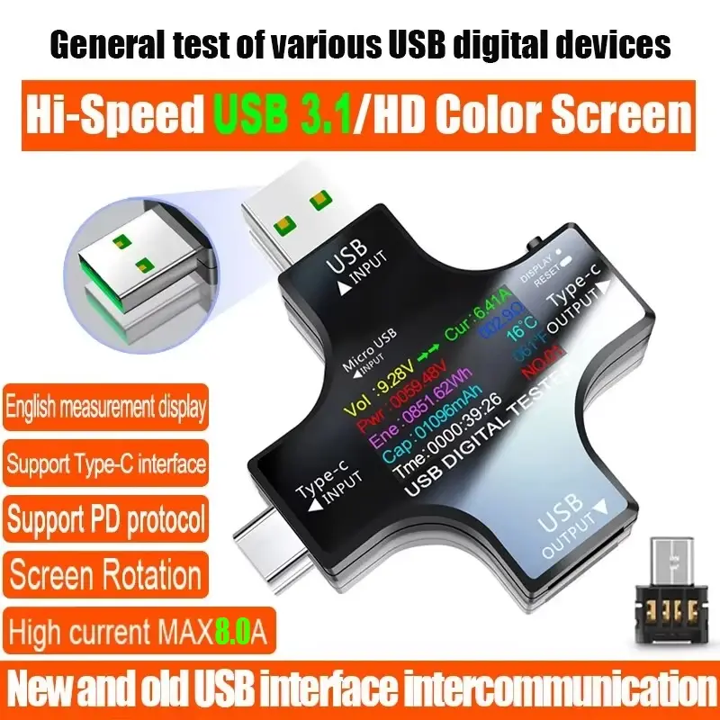 Testador usb dc tipo-c pd voltímetro digital amperímetro tensão monitor de corrente amperímetro detector banco de potência carregador medidor de capacidade 8.0a