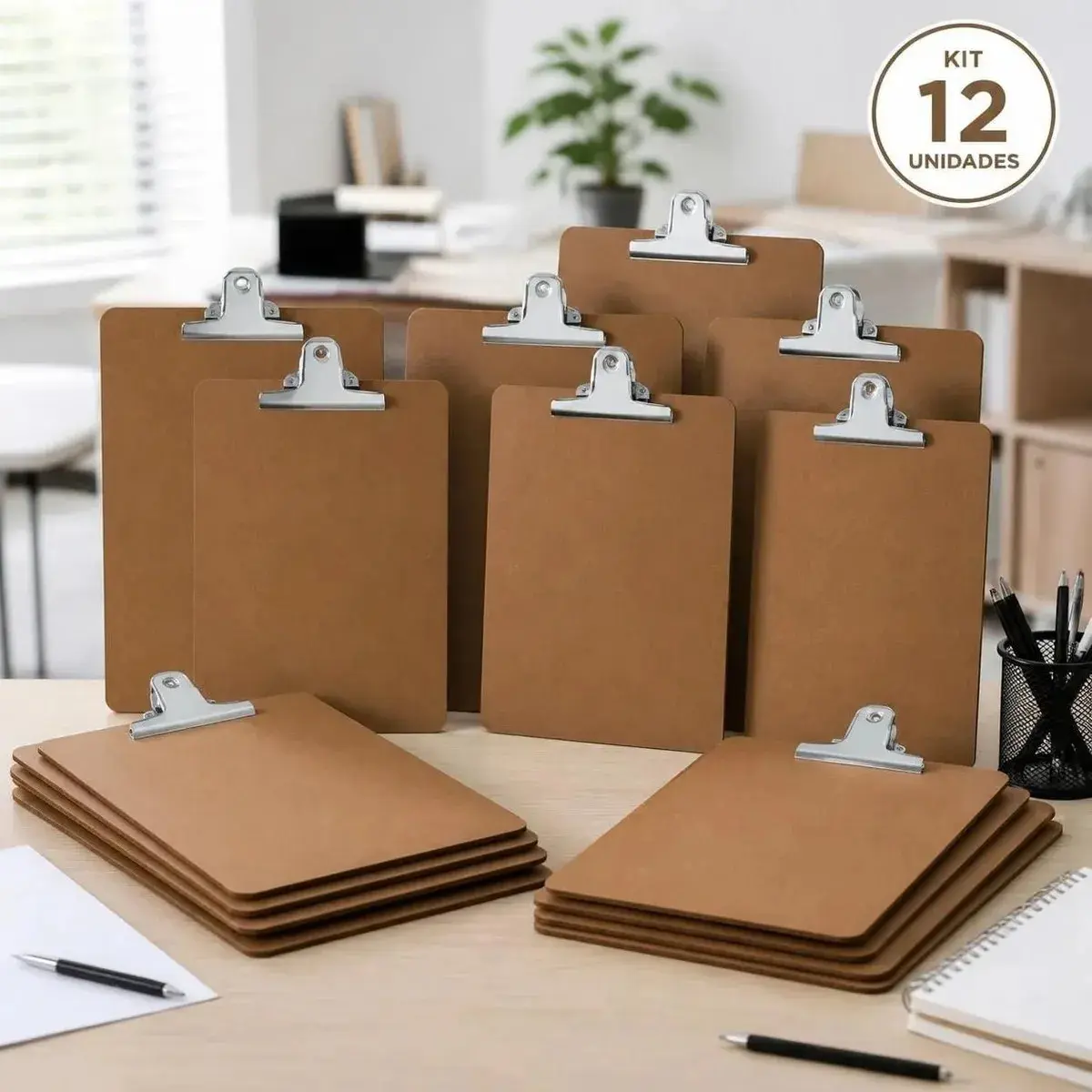 Kit 12 Pranchetas MDF A4 Ofício 34x23cm 3mm com Presilha Metálica para Documentos, Formulários, Escola, Escritório e Uso Profissional