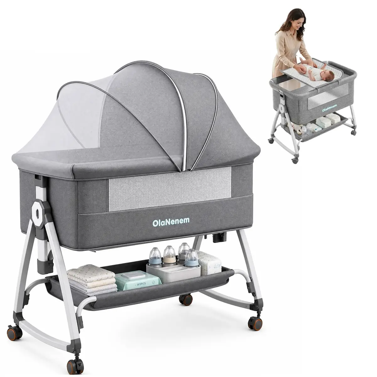 OLANENEM 6 em 1 Berço Portátil, Berço Moisés com Fraldário e Mosquiteiro, Berço Acoplado à Cama com Suporte Triangular de Aço Carbono, 6 Alturas e Inclinação Antirrefluxo 5°(Cinza) - 1