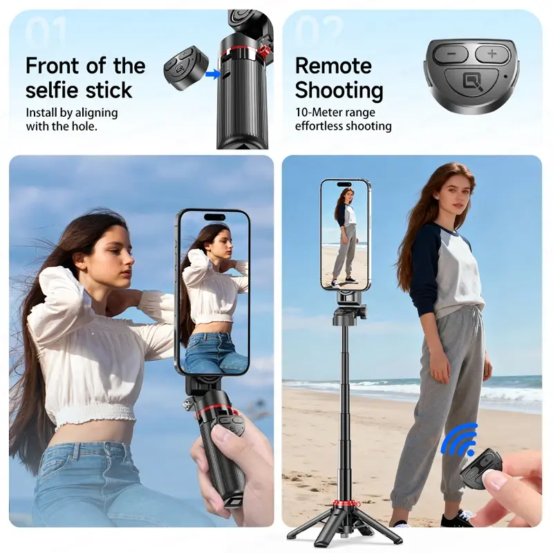 Tripé magnético para selfie, com haste extensível e controlo remoto, e luz de preenchimento opcional para gravação de vídeos em smartphones.