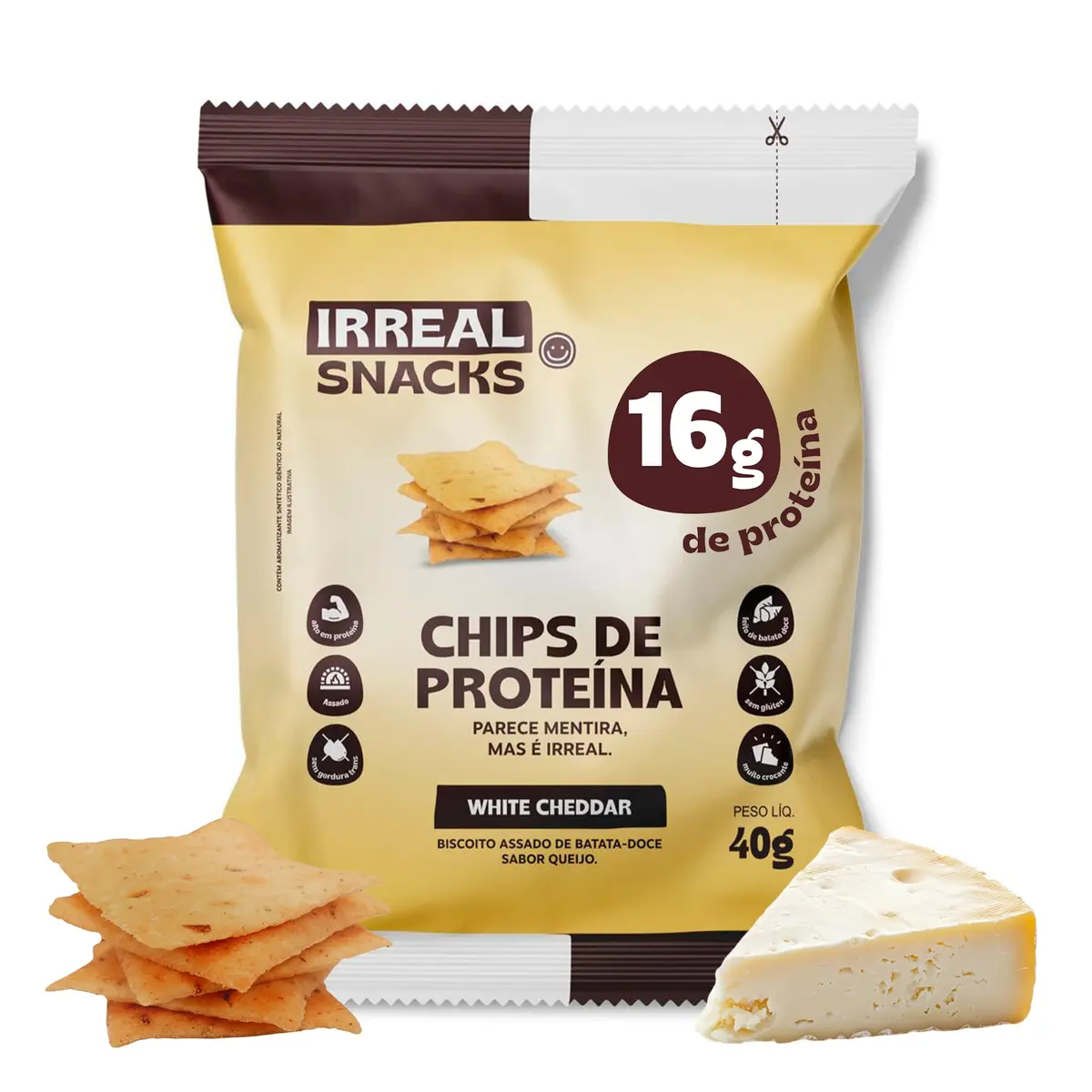 Irreal Snacks, Sabor White Cheddar, 40g | Snack proteico, Feito com Batata Doce, Caseinato de Cálcio e Proteína de Arroz