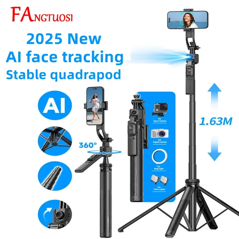 Fangtuosi estabilizador gimbal de rotação 360, tripé selfie stick para câmera de smartphone com estabilizador de obturador bluetooth para live