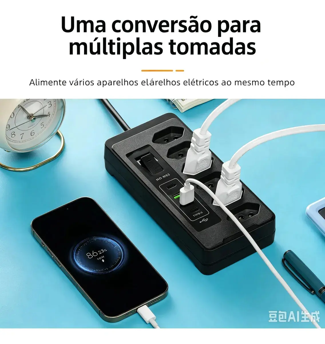 Filtro De Linha Régua Extensão 6 Tomadas E 2 Usb 2 Pd 2500 Watts Equipado Com Um Interruptor De Protecção Automática De Sobrecarga Protetor Elétrico Cabo 2 Metros 10 a Cor Preto-PLUGADO thumbnail 3