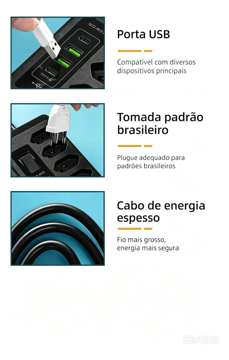Filtro De Linha Régua Extensão 6 Tomadas E 2 Usb 2 Pd 2500 Watts Equipado Com Um Interruptor De Protecção Automática De Sobrecarga Protetor Elétrico Cabo 2 Metros 10 a Cor Preto-PLUGADO thumbnail 6