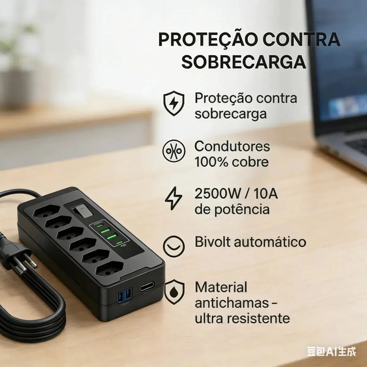 Filtro De Linha Régua Extensão 6 Tomadas E 2 Usb 2 Pd 2500 Watts Equipado Com Um Interruptor De Protecção Automática De Sobrecarga Protetor Elétrico Cabo 2 Metros 10 a Cor Preto-PLUGADO thumbnail 8