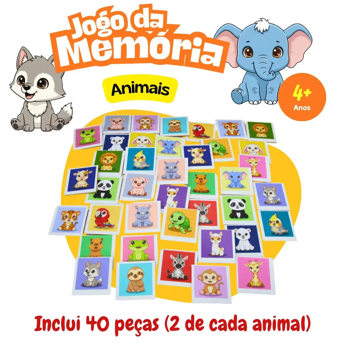 Jogo Da Memória Animais 40 Peças Brinquedo Educativo Infantil Em Madeira Mdf thumbnail 2