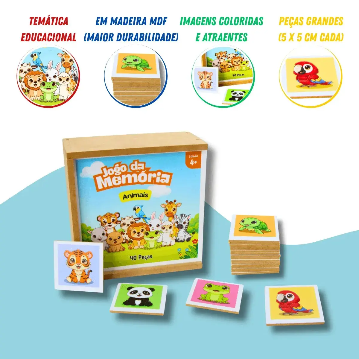 Jogo Da Memória Animais 40 Peças Brinquedo Educativo Infantil Em Madeira Mdf thumbnail 3
