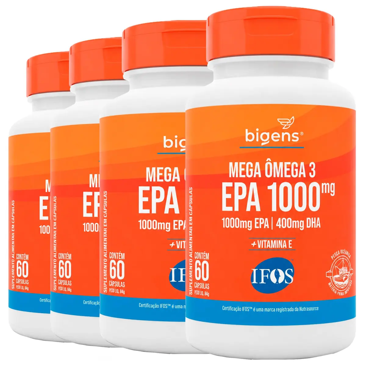 Bigens Mega Omega 3, EPA 1000mg + DHA 400mg, Certificado IFOS, 60 Cápsulas, com Vitamina E, Kit 4