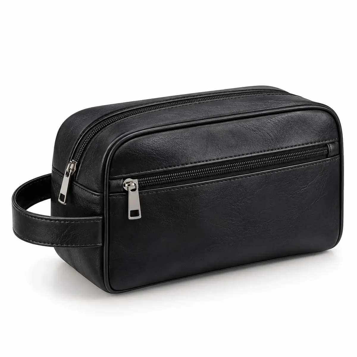 Necessaire de Viagem Couro PU Impermeável com 2 Compartimentos Alça Lateral, Preto
