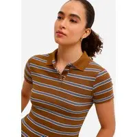 polo básica feminina com algodão canelada listrada marrom