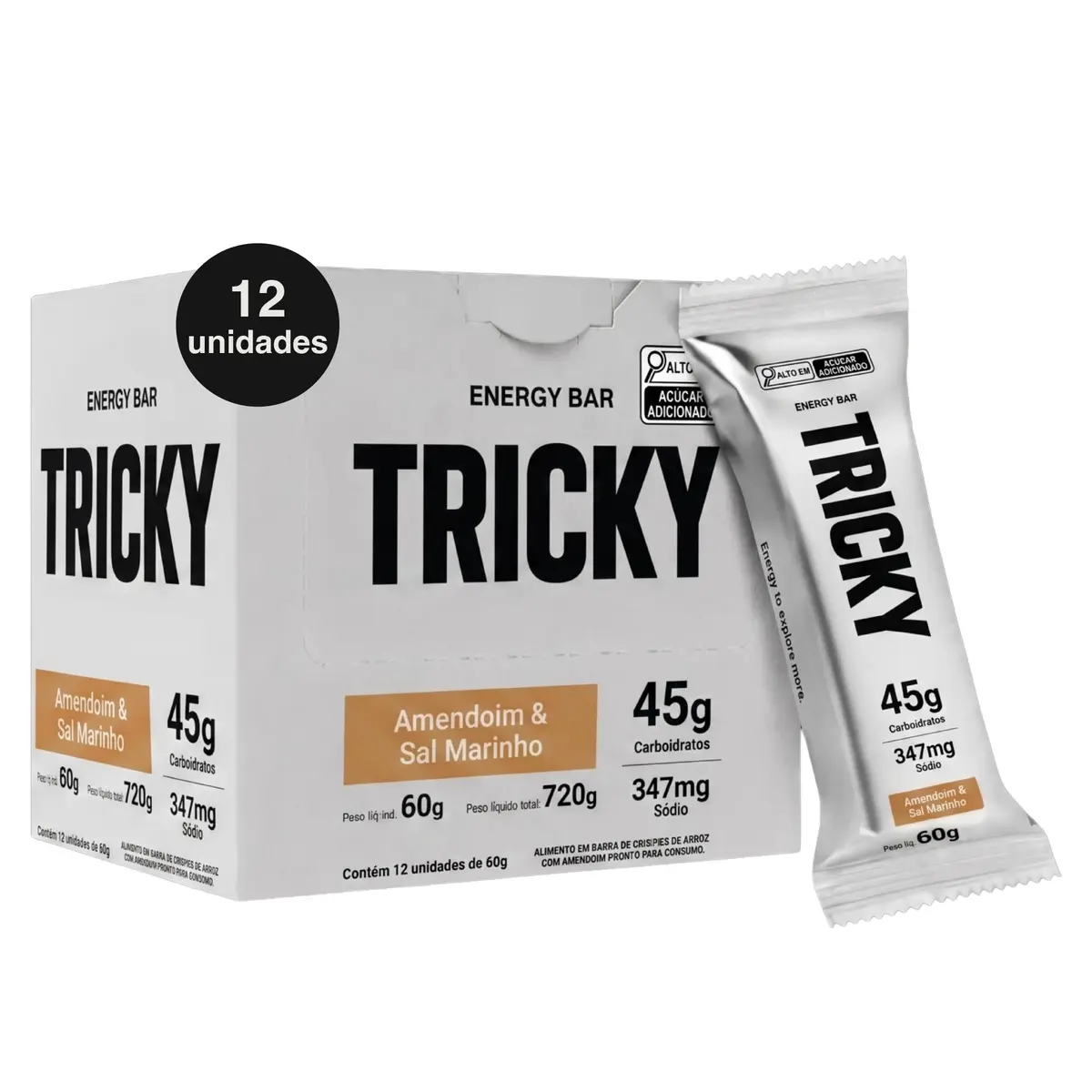 Barra de Carboidrato Tricky Energy Bar Amendoim — Pré-Treino e Intra-Treino, Comida Real, 45g de Carboidrato, 347mg de Sódio, Ciclismo e Corrida, Caixa com 12 Unidades