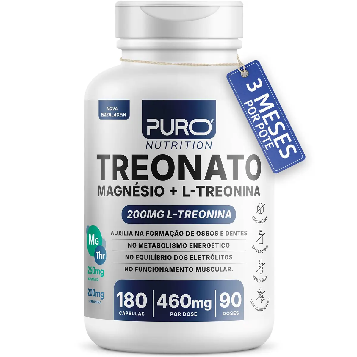 Treonato Puro Nutrition Magnésio + L-Treonina, Alto Teor de Magnésio por Porção, 180 Cápsula