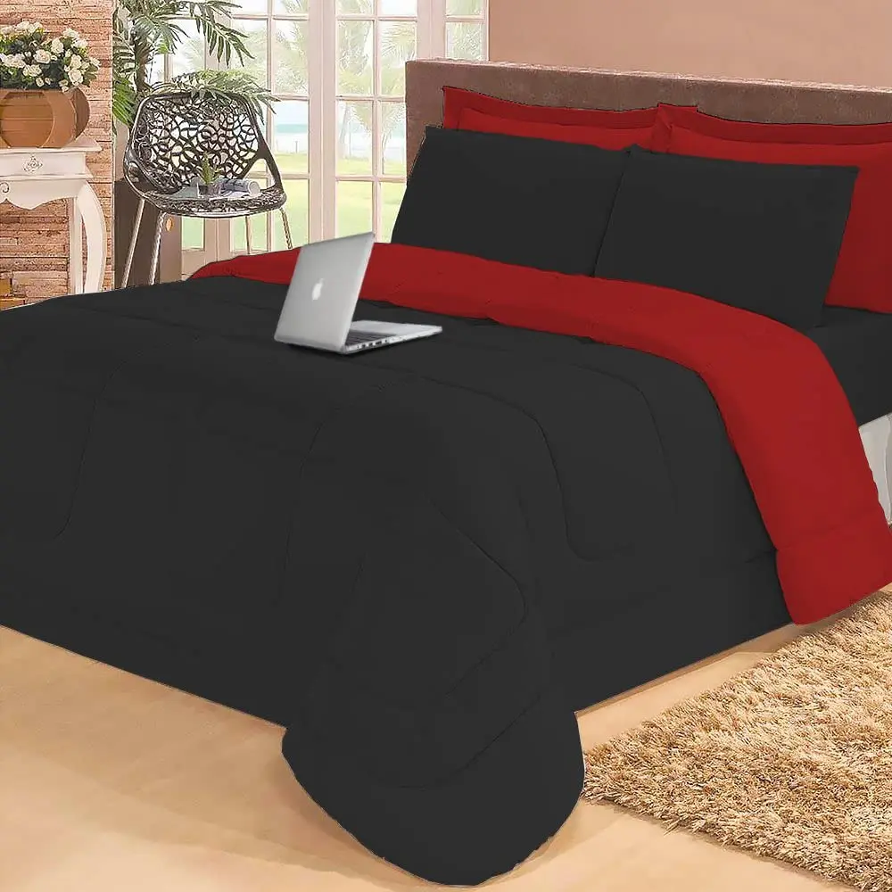 Kit Roupa de Cama Edredom Dupla Face 6 Peças Casal Queen (Preto e Vermelho) - 1