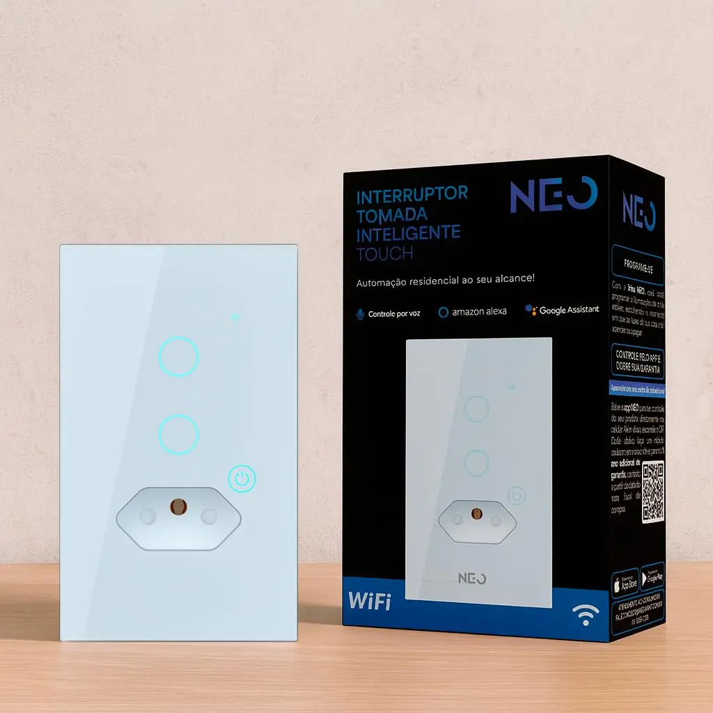 Interruptor Inteligente Wi-Fi 2.4GHz com Tomada 2 Botões 4x2 Bivolt Compatível com Alexa e Google Home Automação Residencial Branco Neo Avant