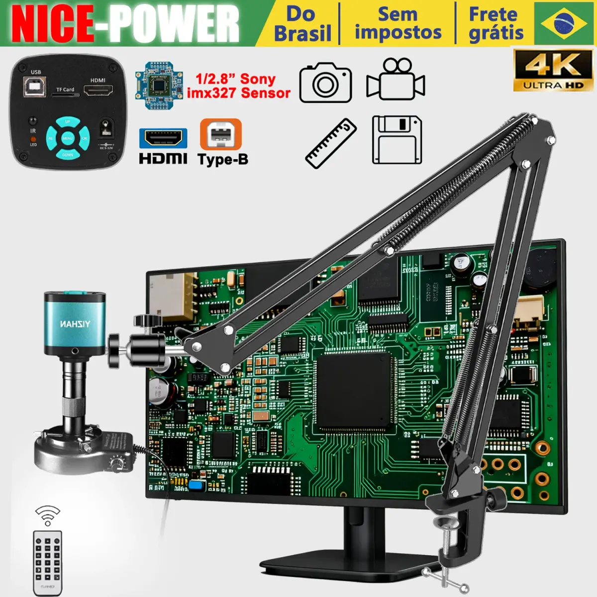 Do Brasil, microscópio digital eletrônica Nice-Power 48MP, microscópio de vídeo HD com software, interface USB HDMI, lupa digital electrónica, Microscópio para PCB, SMD, SMT, usinagem de metais, joias, gemas