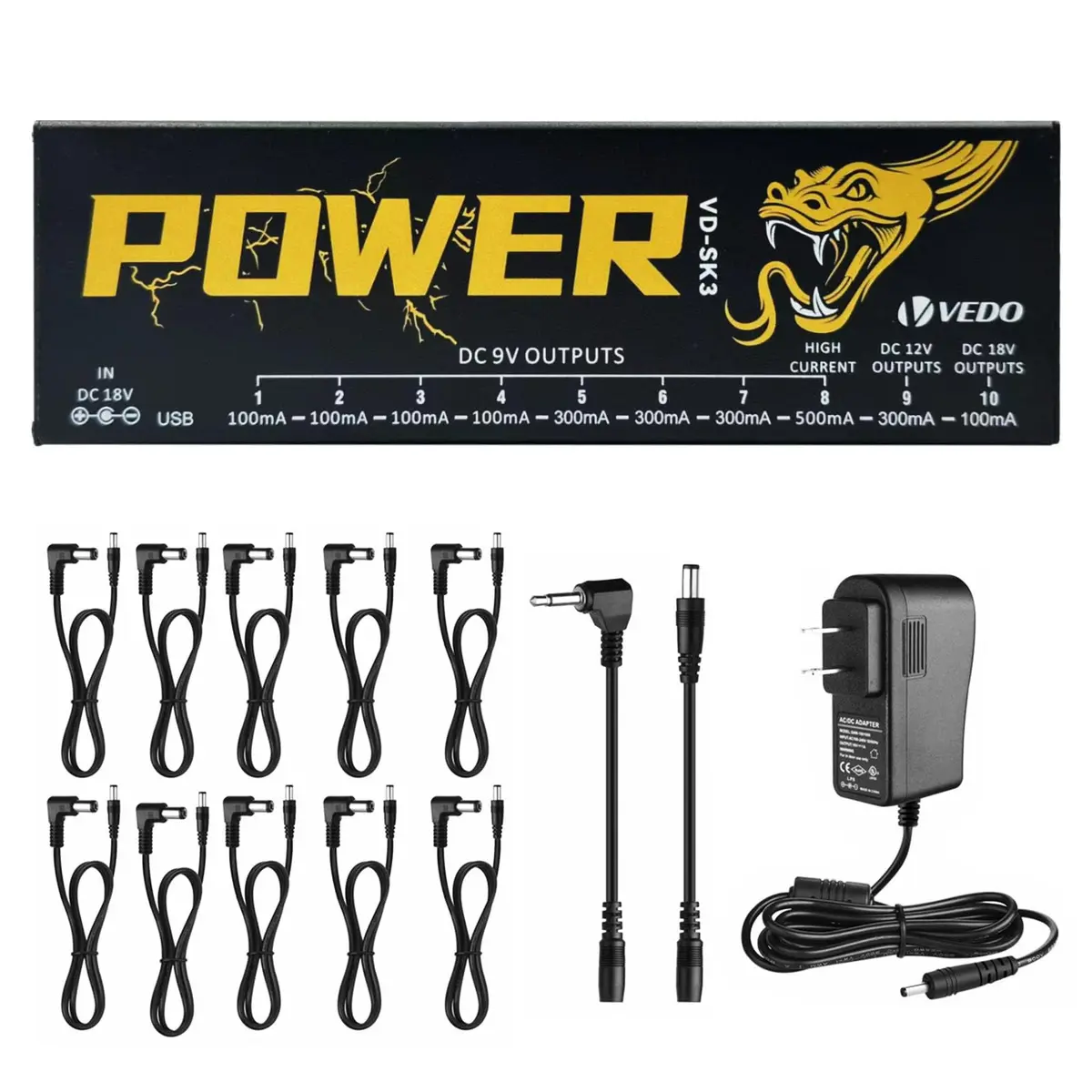 VEDO Fonte de Alimentação para Pedal de Efeito de Guitarra com 10 Saídas Isoladas (9V, 12V, 18V) Proteção contra Curto-Circuito e Sobrecorrente - Fonte Estável para Pedais de Guitarra no Brasil