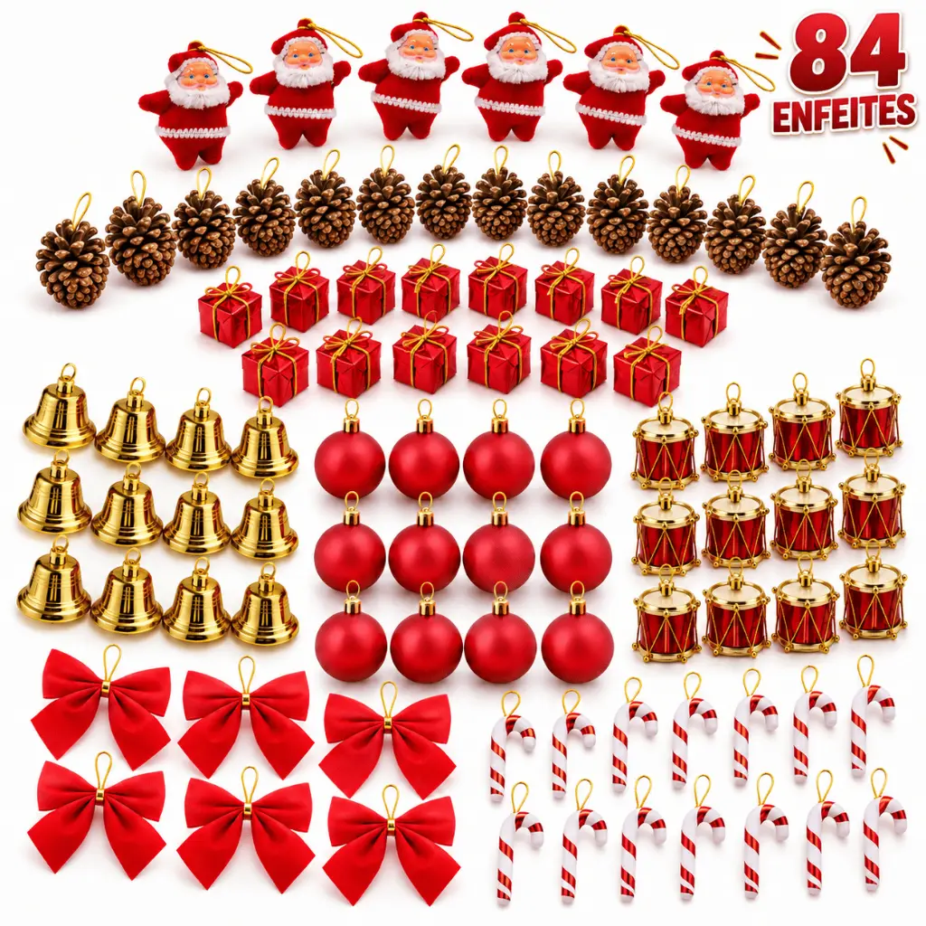 Kit 84/42 Enfeites Decoração Para Arvore De Natal Bolinha Tambor Papai Noel Laços Presente Bengala Pendentes Natalina