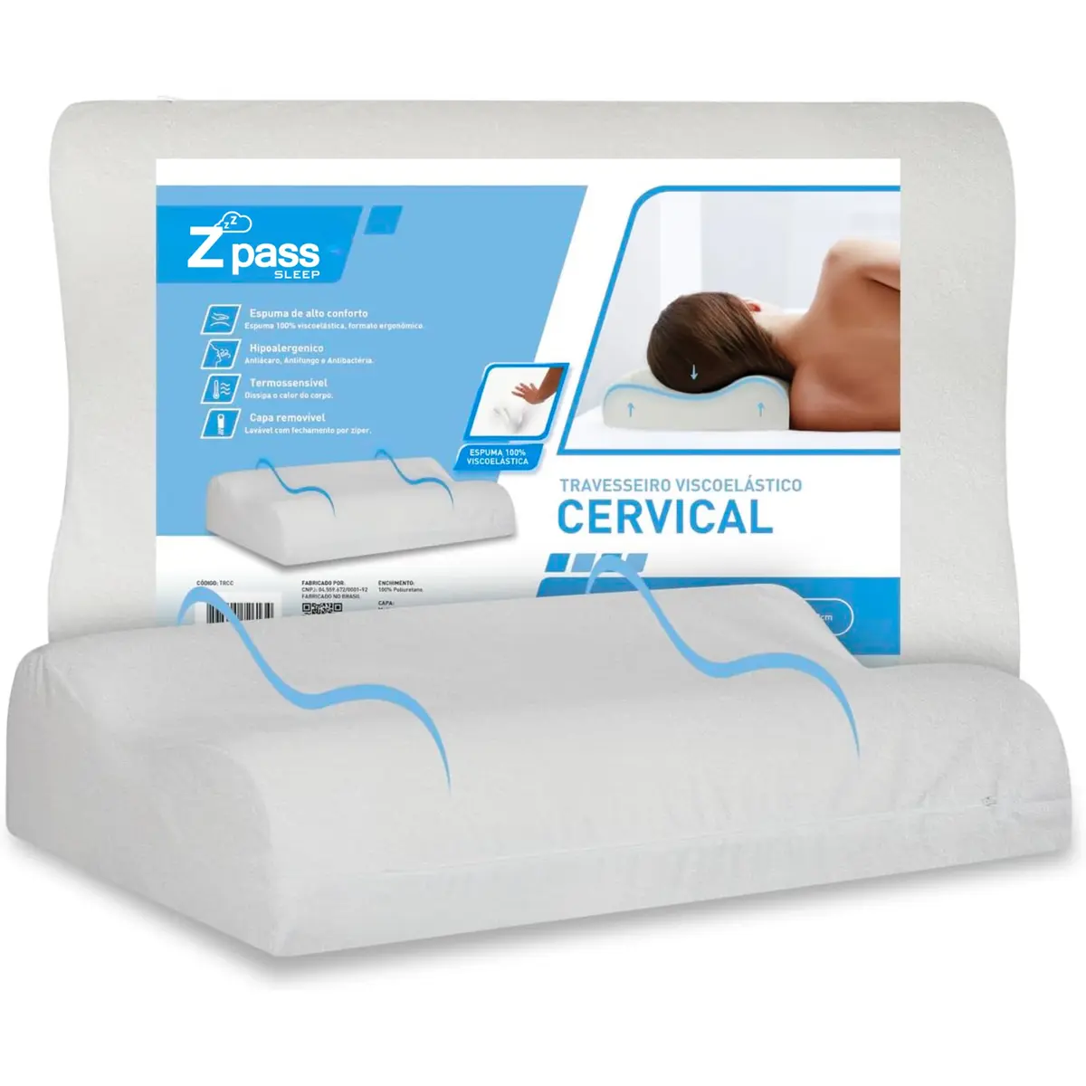 Z Pass Sleep Travesseiro Nasa Ortopédico Cervical D40 12/10cm de altura Suporte ergonômico com tratamento Alergo Free Anti ácaro, anti fungo e anti bactéria para fronhas 50x70cm - Branco - 1