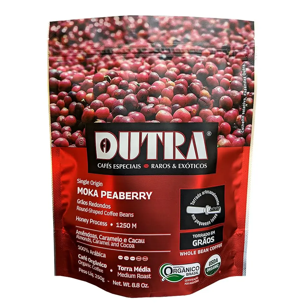 Café Dutra, Orgânico Especial, Moka Peaberry, Notas Amêndoas e Caramelo, Torrado em Grãos, 250G