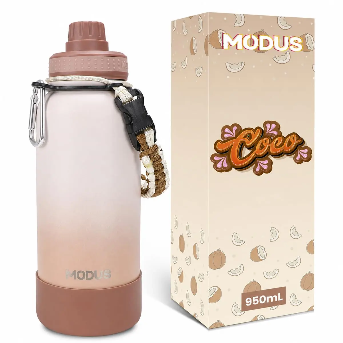 MODUS 950mL Garrafa de Água Térmica Esportiva Inox Isolada a Vácuo | com Base Emborrachada Anti Derrapante, Alca Paracord, BPA Free para Academia, Trabalho e Uso Diário Cor Branco Marrom