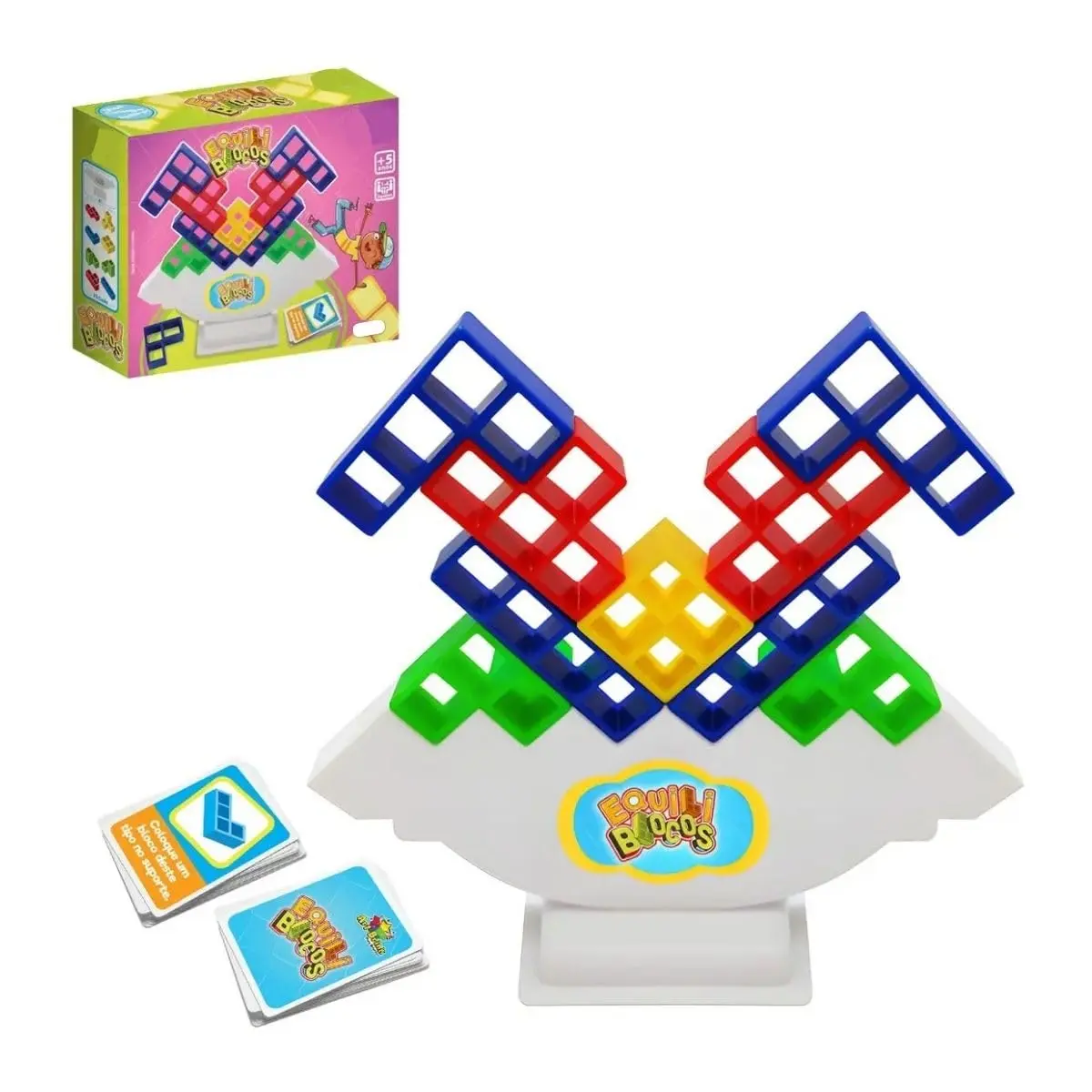 Equiliblocos Jogo de Equilíbrio Infantil com Blocos Coloridos e Cartas de Desafios Brinquedo Educativo para Crianças 5+ Coordenação Motora Raciocínio Lógico Concentração Criatividade Família