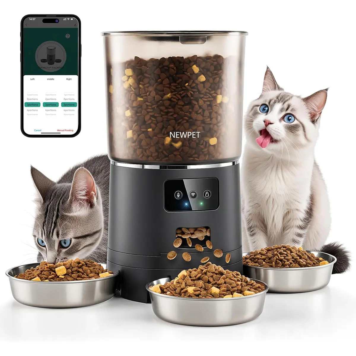 Alimentador Automático para Gatos para 3 Gatos, 6L Alimentador Inteligente WiFi para Animais de Estimação, Sistema Anti-Atolamento forte, Dispensador de Alimentos para Gatos - 1