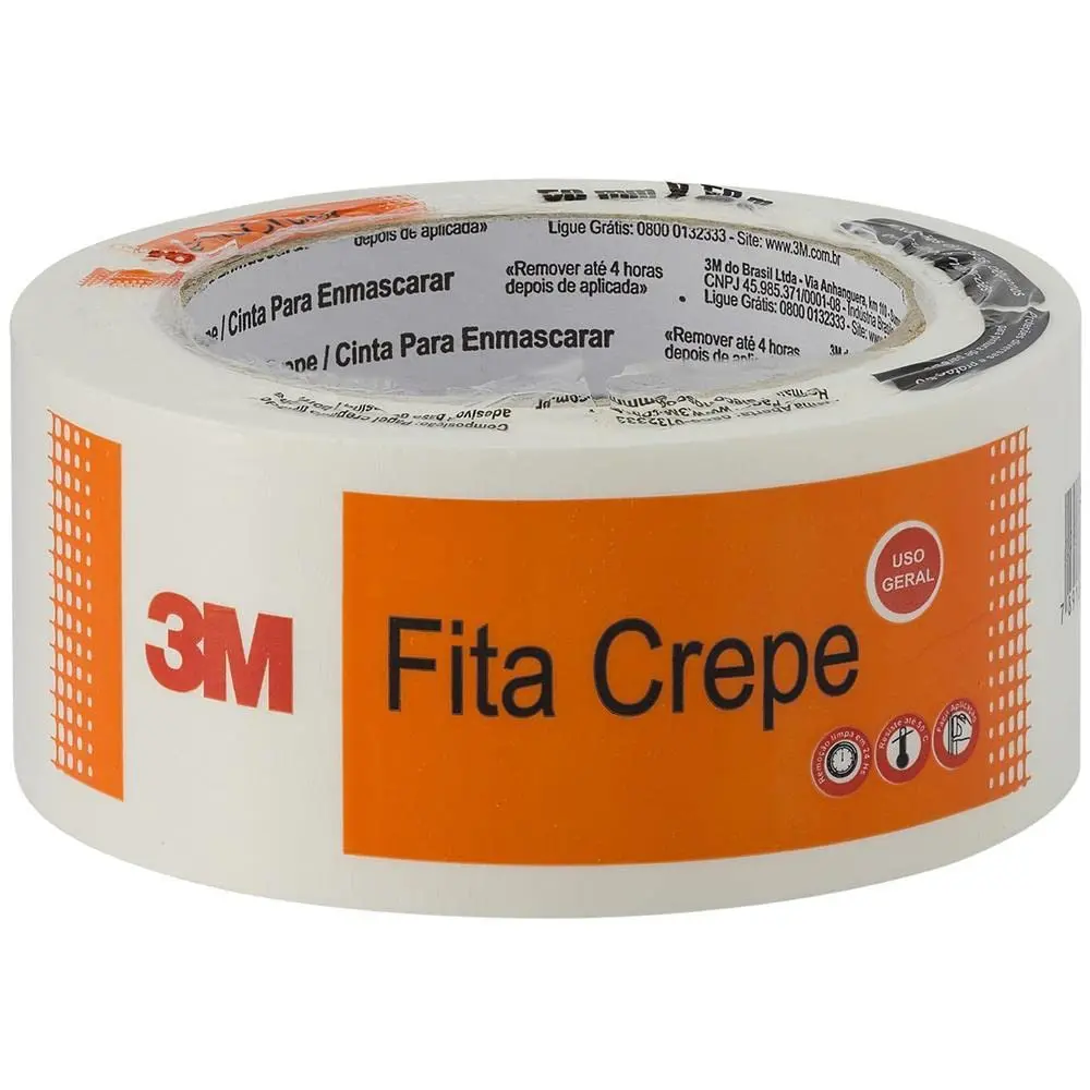 Fita Crepe 3M 50mm x 50m Uso Geral Remoção Limpa, 1 unidade | Poder de adesão conformabilidade, Resistência à tração, Impermeabilizante, Boa resistência a solventes, umidade e temperatura