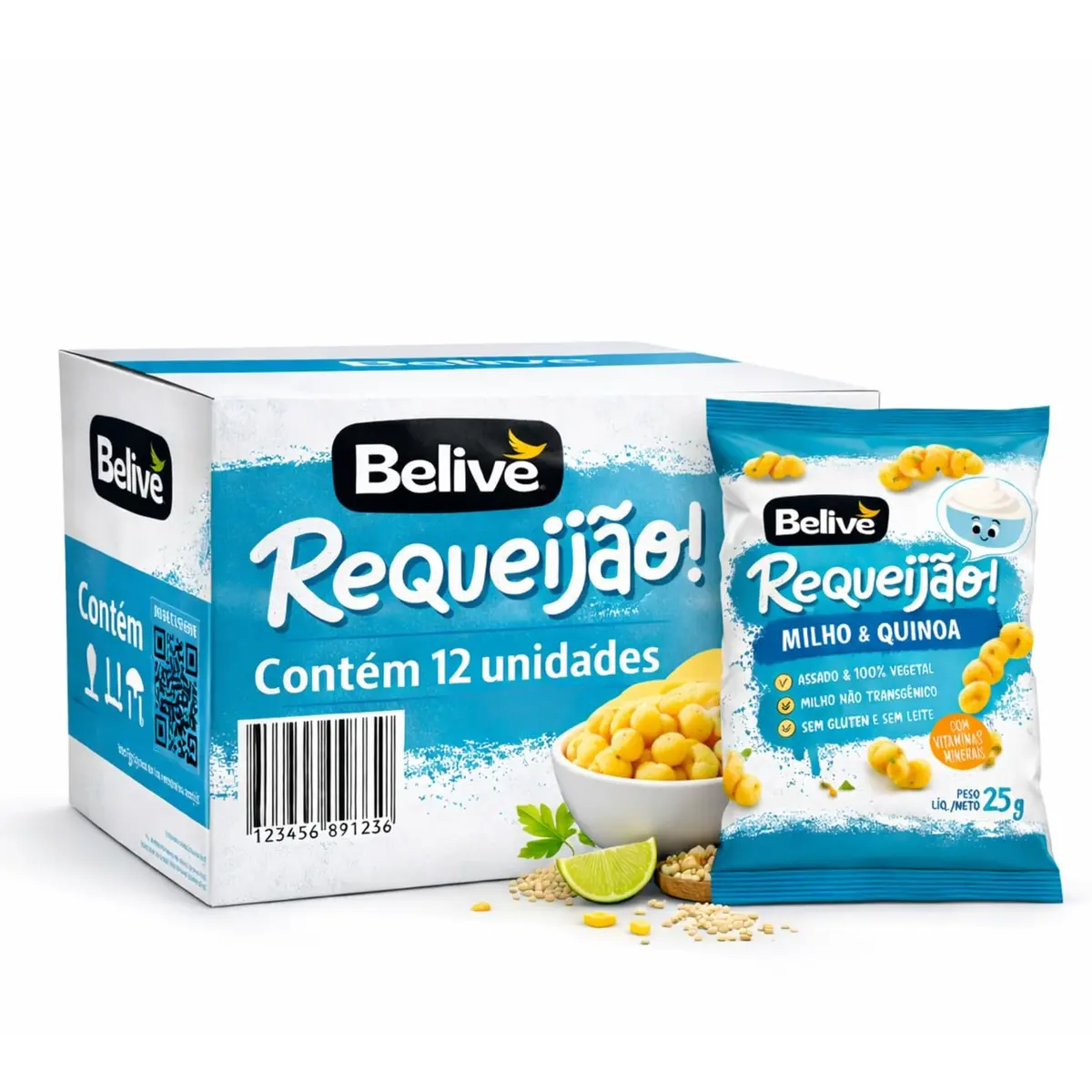 Kit Salgadinho BELIVE Sem Glúten Sabor Requeijão 25g c/12 pacotes – Snack Assado, Crocante e Prático para Lanche