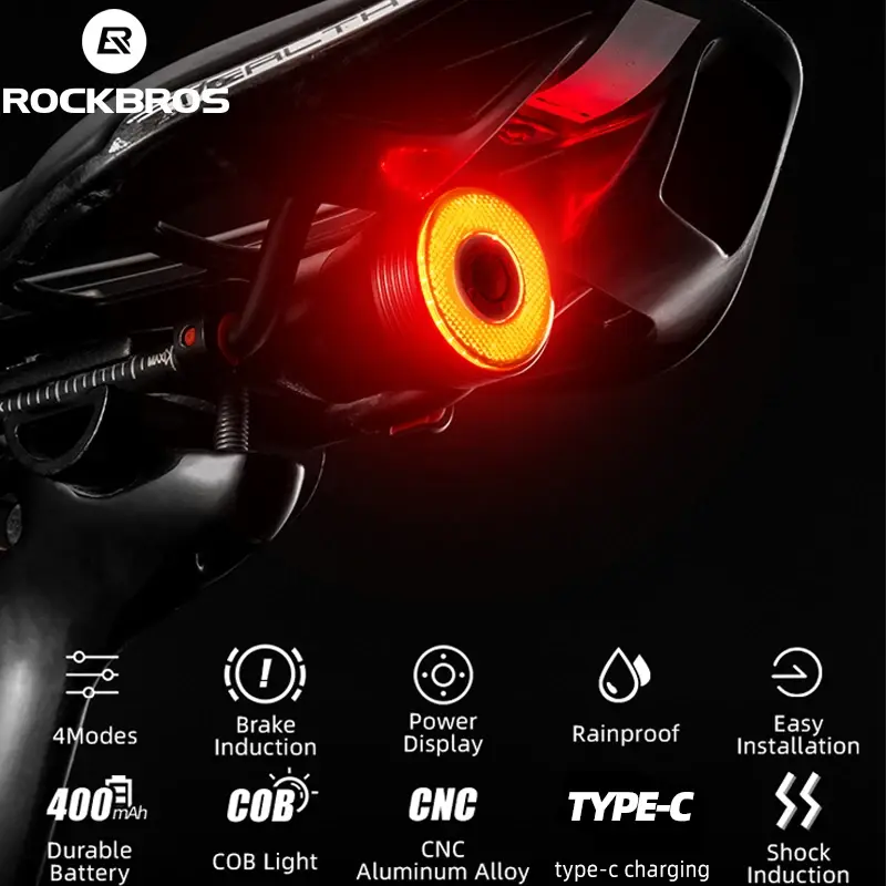 ROCKBROS Luz Traseira Inteligente para Bicicleta, Auto Start and Stop, Sensor de Freio, IPx6 Impermeável, LED, Tipo-C, Lanterna, Acessório de Bicicleta - 1