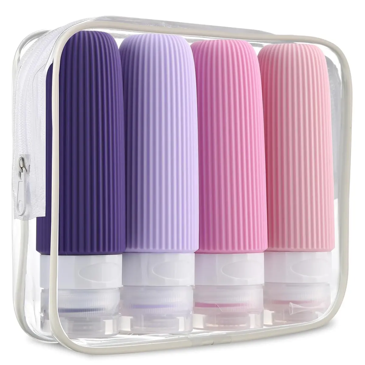 Kit de Frascos de Viagem para Cosméticos, 4 Peças, Design Canelado, Recipiente de tamanho de viagem de silicone squeezable à prova de vazamento, Cores Neutras (Roxo) - 1