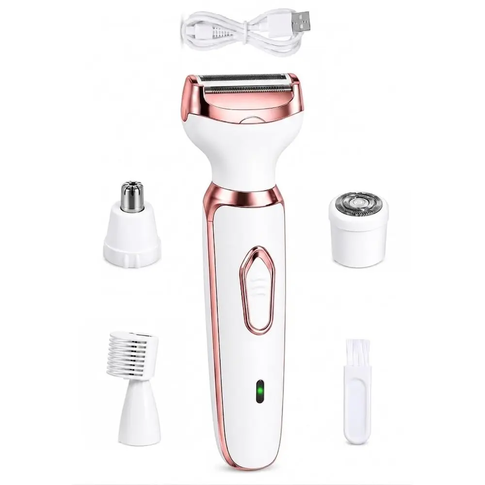 Depilador Elétrico Feminino 4 em 1 Recarregável para Rosto Corpo e Nariz | Quatro cabeças intercambiáveis para sobrancelhas, rosto, nariz e corpo; formato compacto para cuidados pessoais e viagens - 1