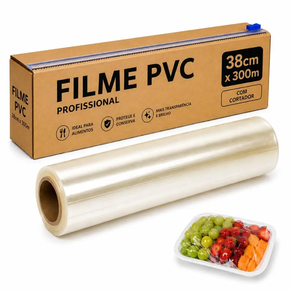 Filme PVC Transparente 38cm x 300m, com Cortador Deslizante, Ideal para Conservar Alimentos