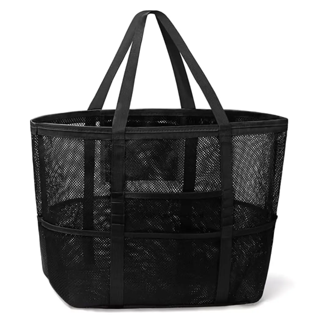 Bolsa Grande Praia em Tela Impermeável 45 cm – 10 Bolsos Extras, Fecho com Zíper, Alças Reforçadas – Ideal para Toalhas, Brinquedos e Piqueniques