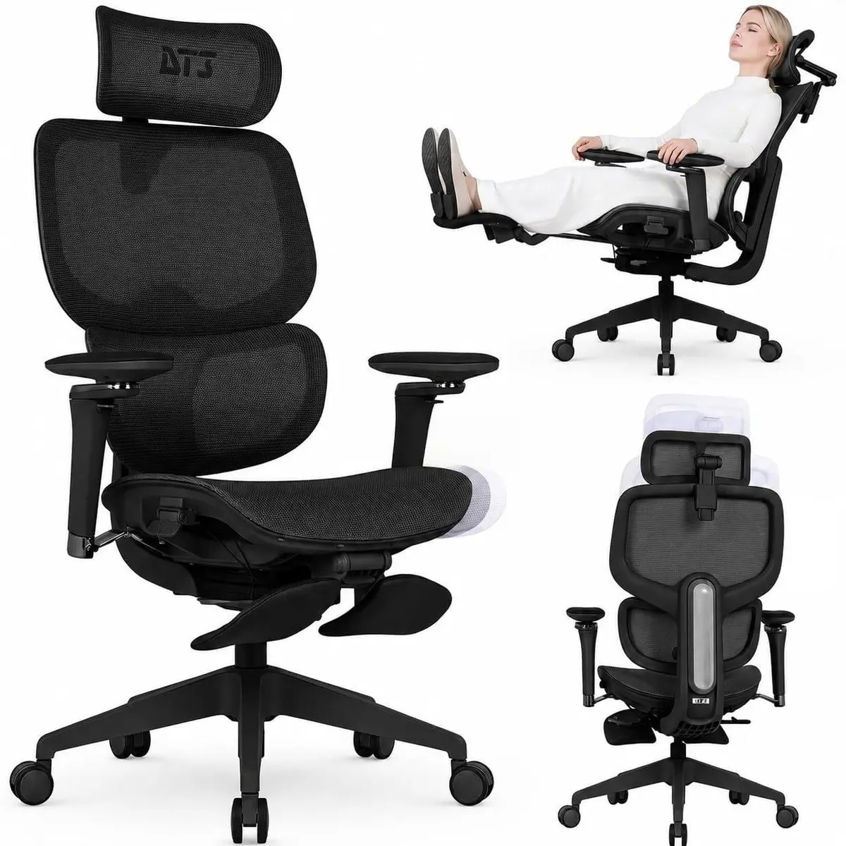 Cadeira de Escritório DT3 Ergonomie FT, Revestimento Mesh Polytex™; Apoio cabeça profissional 4D, Apoio de braço 5D 360º, Apoio de pé dobrável, ajuste de altura no encosto, certificada NR-17(Black)