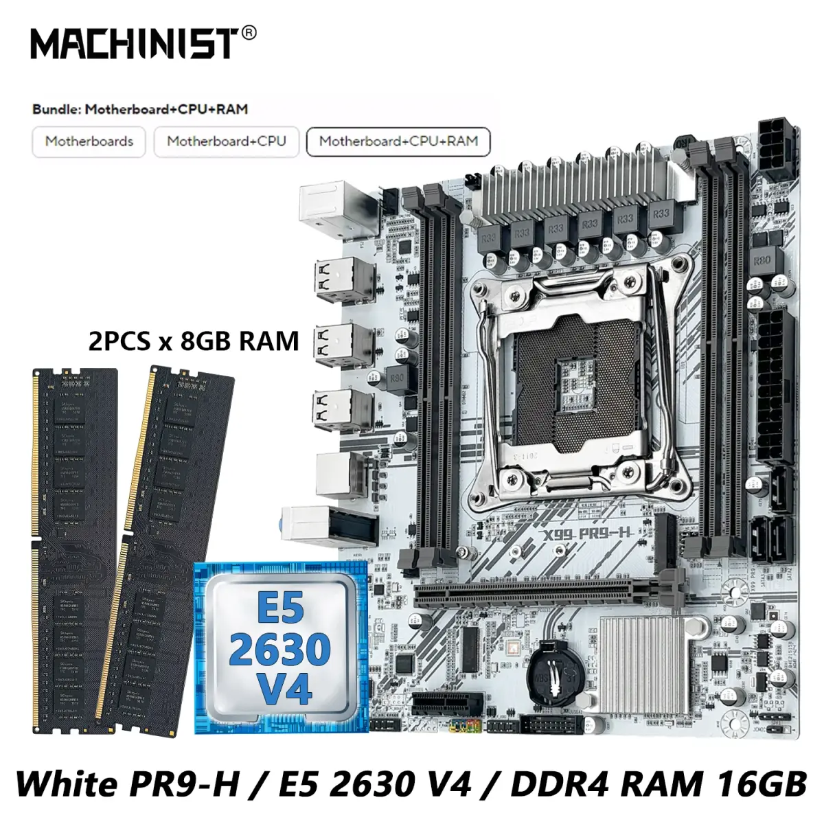 Placa-mãe MACHINIST White X99 PR9-H Combo com Intel Xeon E5 2630 V4 LGA 2011-3 CPU, RAM DDR4 16GB, NVME M.2, Kit Opcional - 1