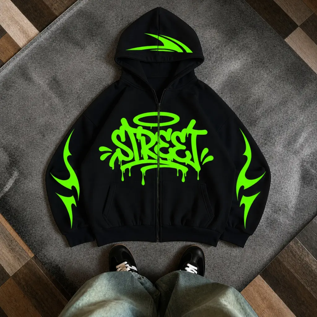 Moletom Oversized Streetwear Com Zíper Estampado Unissex Canguru Capuz Premium - 1