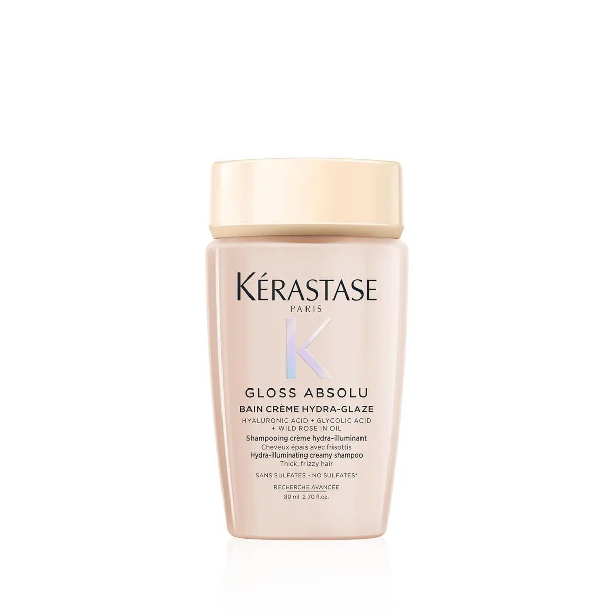 Kérastase Gloss Absolu Bain Crème Hydra-Glaze, shampoo para cabelos com frizz intenso, brilho e suavidade, com ácido glicólico, ácido hialurônico e óleo de rosa mosqueta, 80ml
