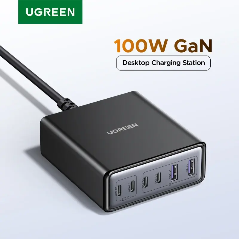 Carregador UGREEN 100W 65W GaN 6 em 1, Carregador Rápido para Desktop e Laptop, para iPhone 17 16 15 14 Pro Max, Macbook Air, iPad, Samsung, Xiaomi