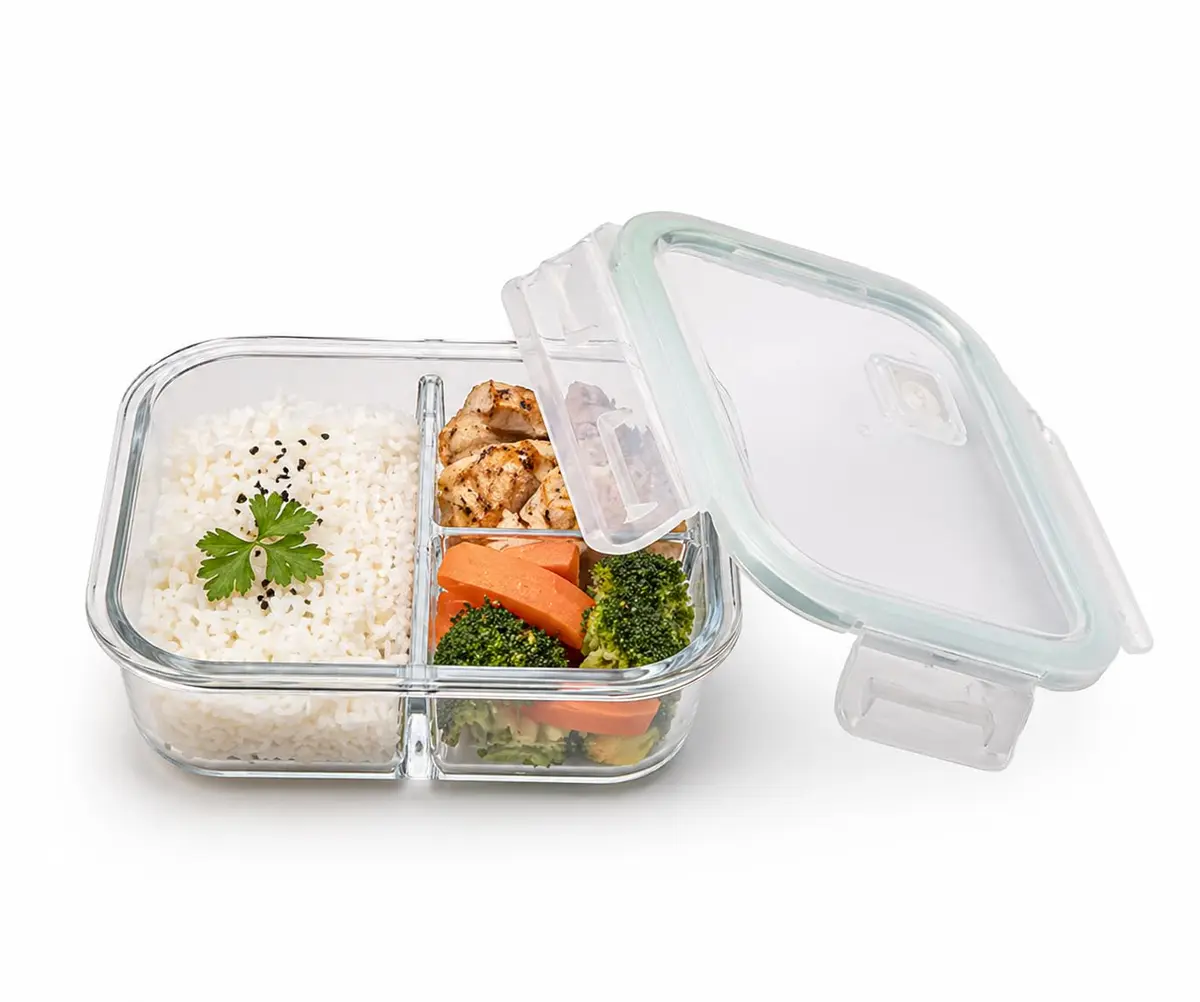 Marmita de Vidro 1000ml com 3 Divisórias Hermética Tampa com Silicone e Válvula, Pote Retangular Resistente Forno Micro-ondas Freezer BPA Free Empilhável