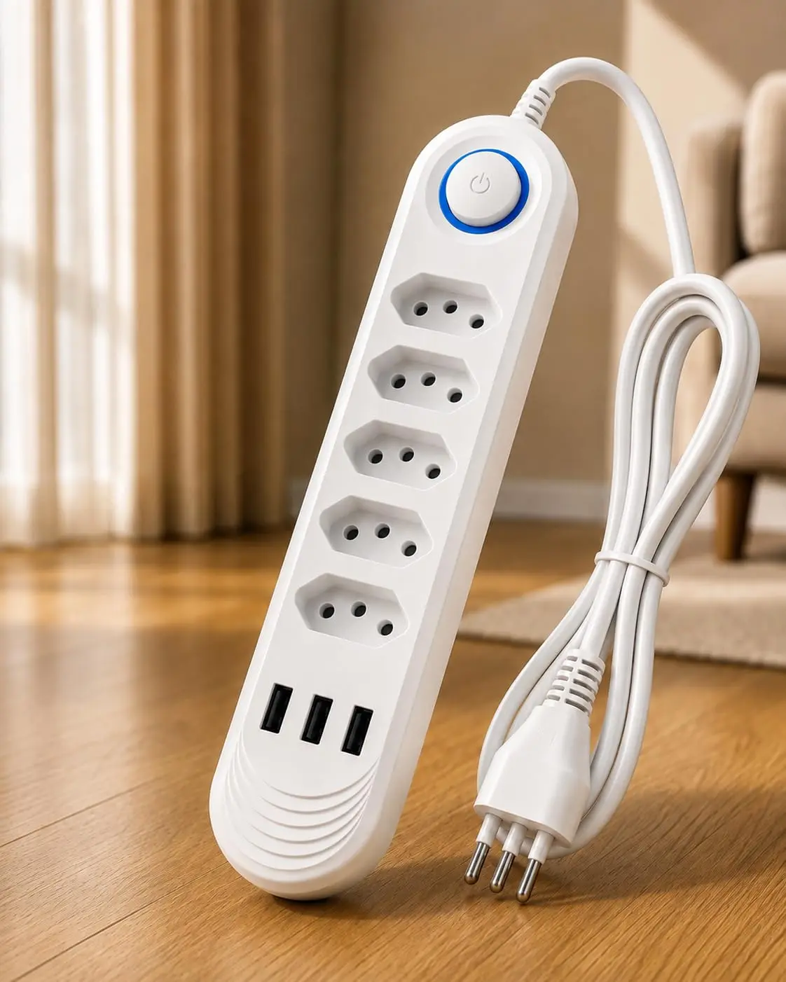 Filtro de Linha 5 Tomadas com 3 USB, Extensão Elétrica Bivolt 110V 220V, Cabo 2 Metros, Botão Liga e Desliga, Régua de Tomadas 10A 2500W para Notebook, Celular, TV, Videogame e Home Office - 1