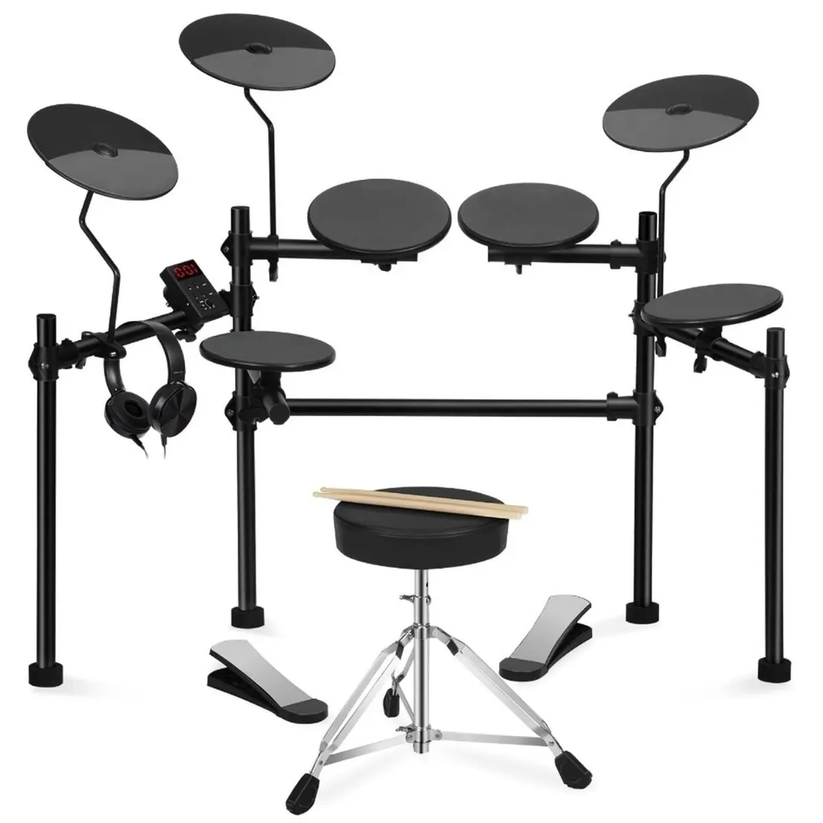 VEDO Bateria Eletrônica Portátil para Iniciantes com 4 Almofadas Silenciosas, 200 Sons, Banco Ajustável, Pedais Duplos e Fones de Ouvido - Kit Completo para Estúdio e Performances ao Vivo