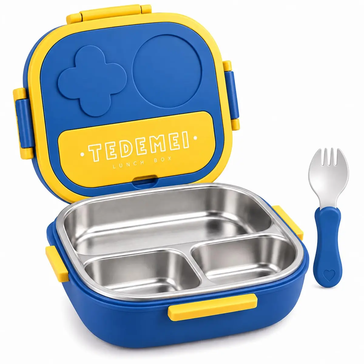 Marmita Infantil Aço Inox 304 550ml com 3 Divisórias, Lancheira Escolar Hermética Antivazamento Livre de BPA com Talher, Pote para Lanche Merenda Papinha Bento Box (Azul)