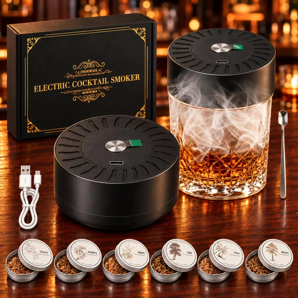 MYBEEM Kit Defumador de Whisky, Defumador de Drinks, Kit Whisky | Defumador Elétrico com Luz LED, 6 Cavacos Naturais de Madeira para Coquetéis, Bebidas e Presente para Amantes de Whisky