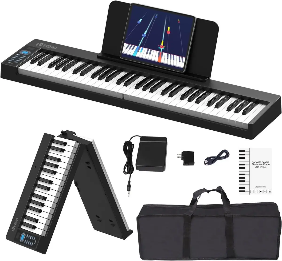 VEDO Kit Piano Digital DobráVel Portátil, 61 Teclas Semipesadas, Recarregável, 128 Tons, 128 Ritmos, 20 CançõEs de DemonstraçãO, USB-MIDI, Pedal SustentaçãO, Bolsa, Teclado Eletrônico Multifuncional