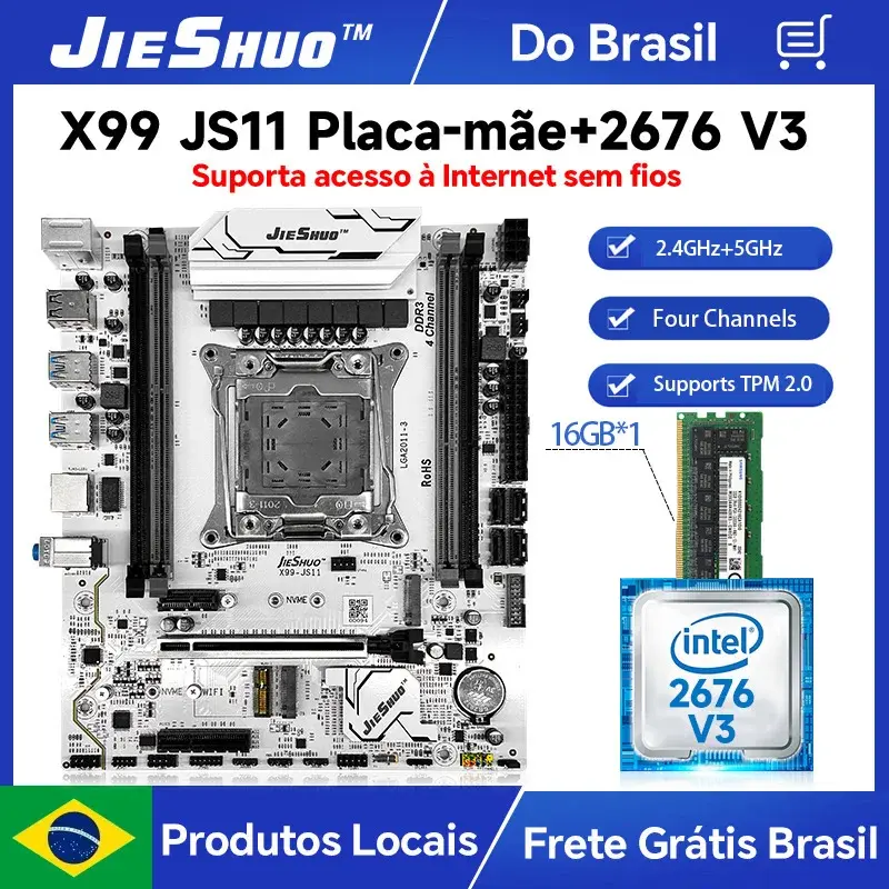 Kit Placa Mãe JIESHUO X99-JS11 + Xeon E5-2676 V3, Utiliza 16GB de memória DDR3 ,  TPM 2.0, para PC Gamer LGA2011-3