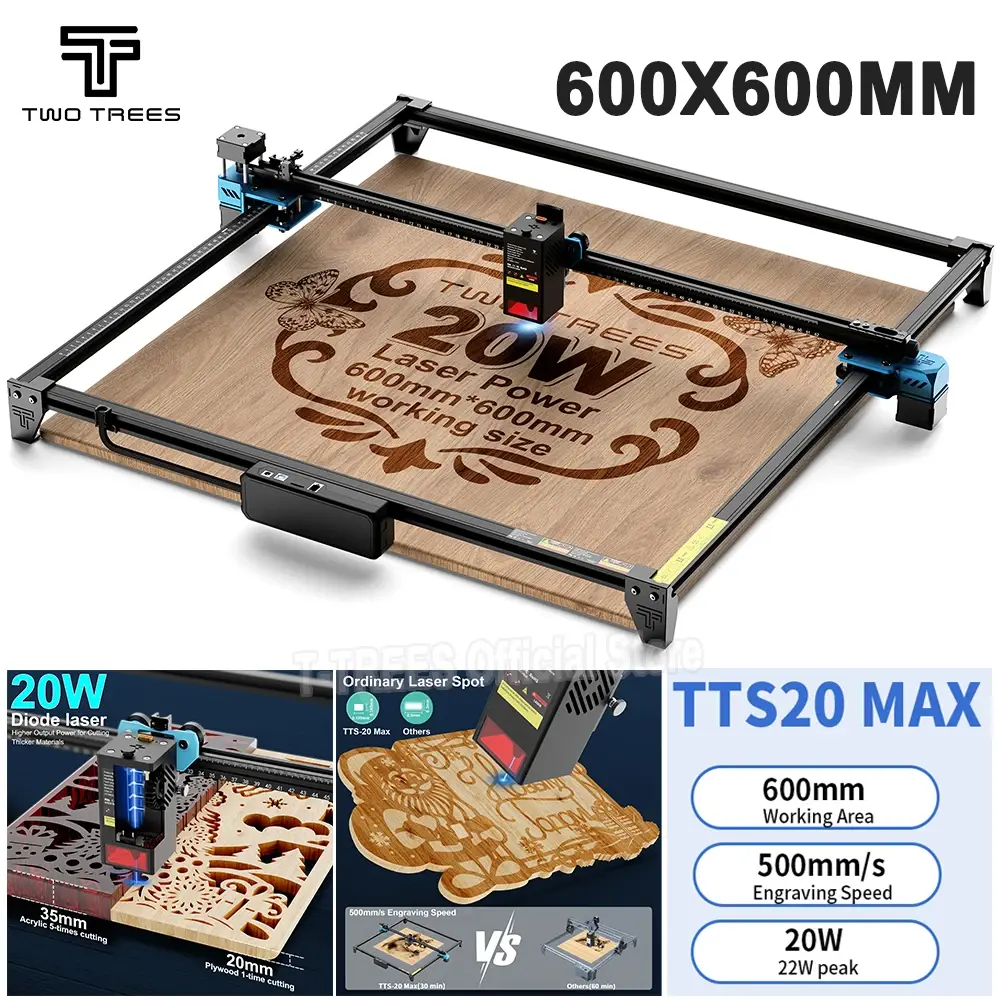 Twotrees TTS-20W max gravador a laser eixo y design de motor duplo máquina de corte de gravação a laser suporte wifi tamanho grande 600x600mm