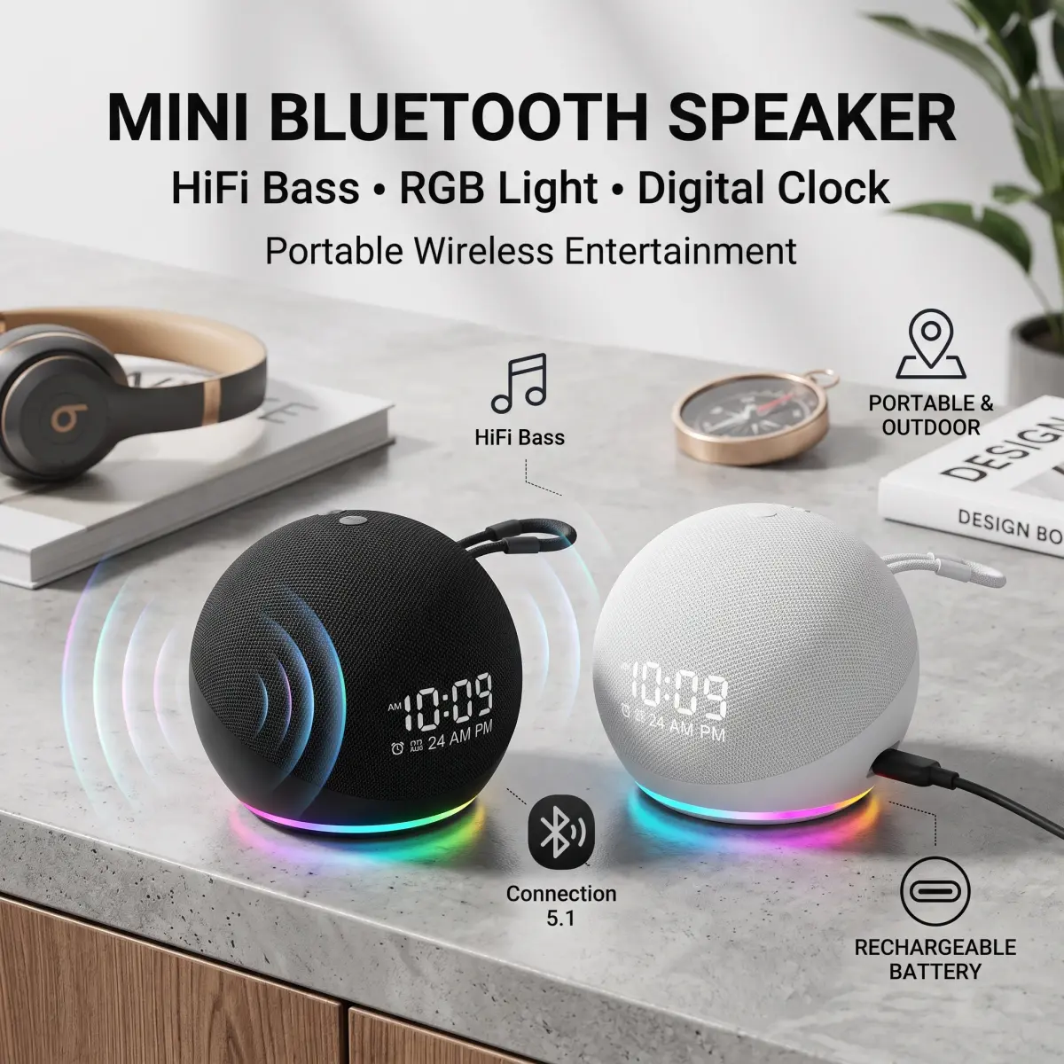 O mais vendido: relógio despertador com altifalante compatível com Bluetooth, design moderno, graves potentes e que economiza espaço, ideal para dormitórios e apartamentos.